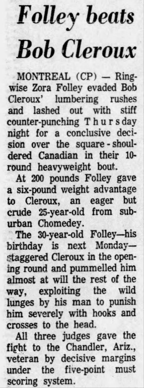 Zora Folley vs. Bob Cleroux (2nd meeting) BoxRec