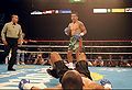 Gabriel Ruelas looks down at his fallen opponent Jesse James Leija as the referee moves in.jpg